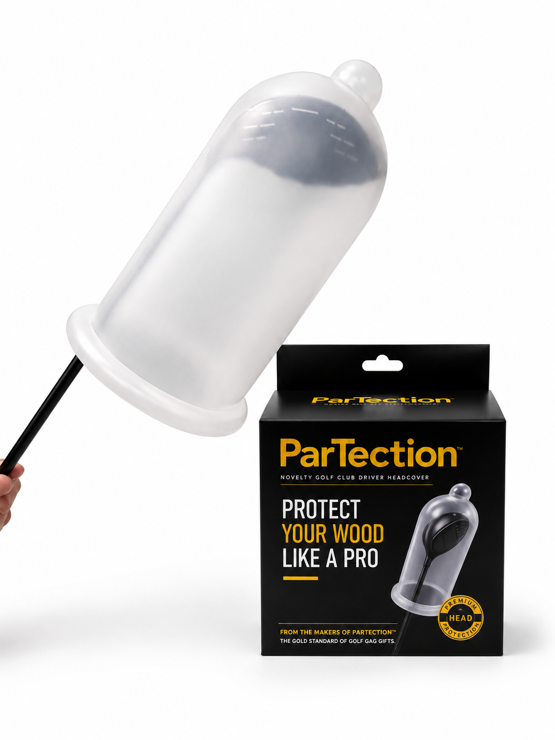 ParTection premium silicone headcover fitted on a golf driver next to its retail box